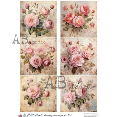 Vintage Pink Rose Panel Illustration Decoupage Paper - A4