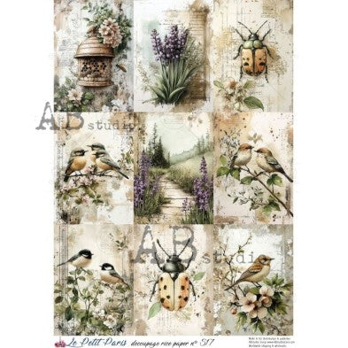 Garden Bird and Ladybug Illustration Panel Decoupage Paper - A4