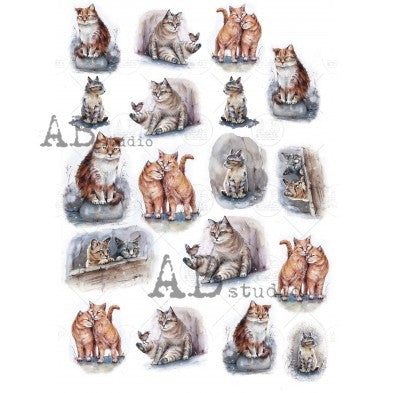 Whimsical Cat Illustration Pattern Decoupage Paper - A4