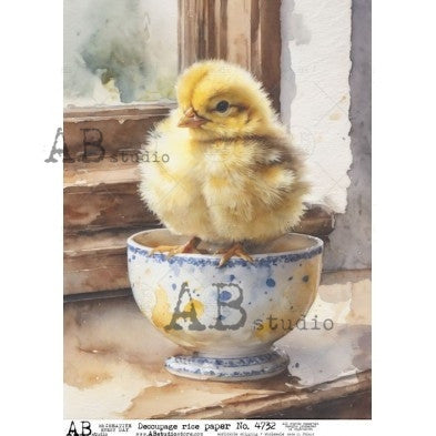 Sweet Yellow Chick Watercolor Illustration Decoupage Paper A4
