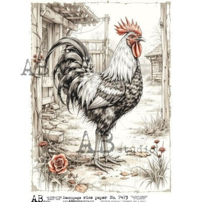 Vintage Rooster Farm Illustration Decoupage Paper - A4