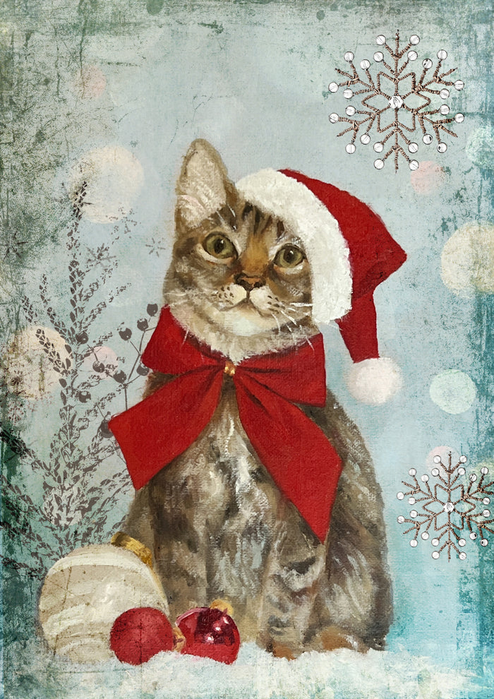 Teresa Rene Art - Christmas Cat, rice paper design by Decoupage Queen, arts & entertainment > hobbies & creative arts > arts & crafts > art & crafting materials > art & craft paper > drawing & painting paper, for decoupage and crafting