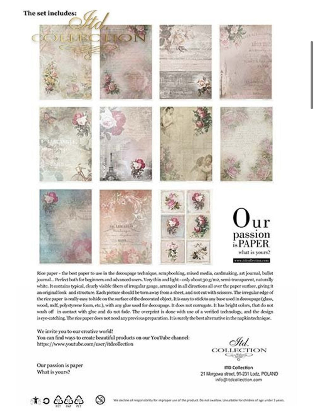 ITD Collection Rice Paper Pack Flower Post Rose Set of 11 Rice Papers