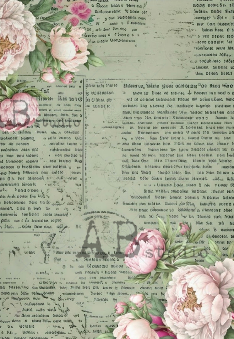 Green Book Page with Pink Peonies ABRP_1789