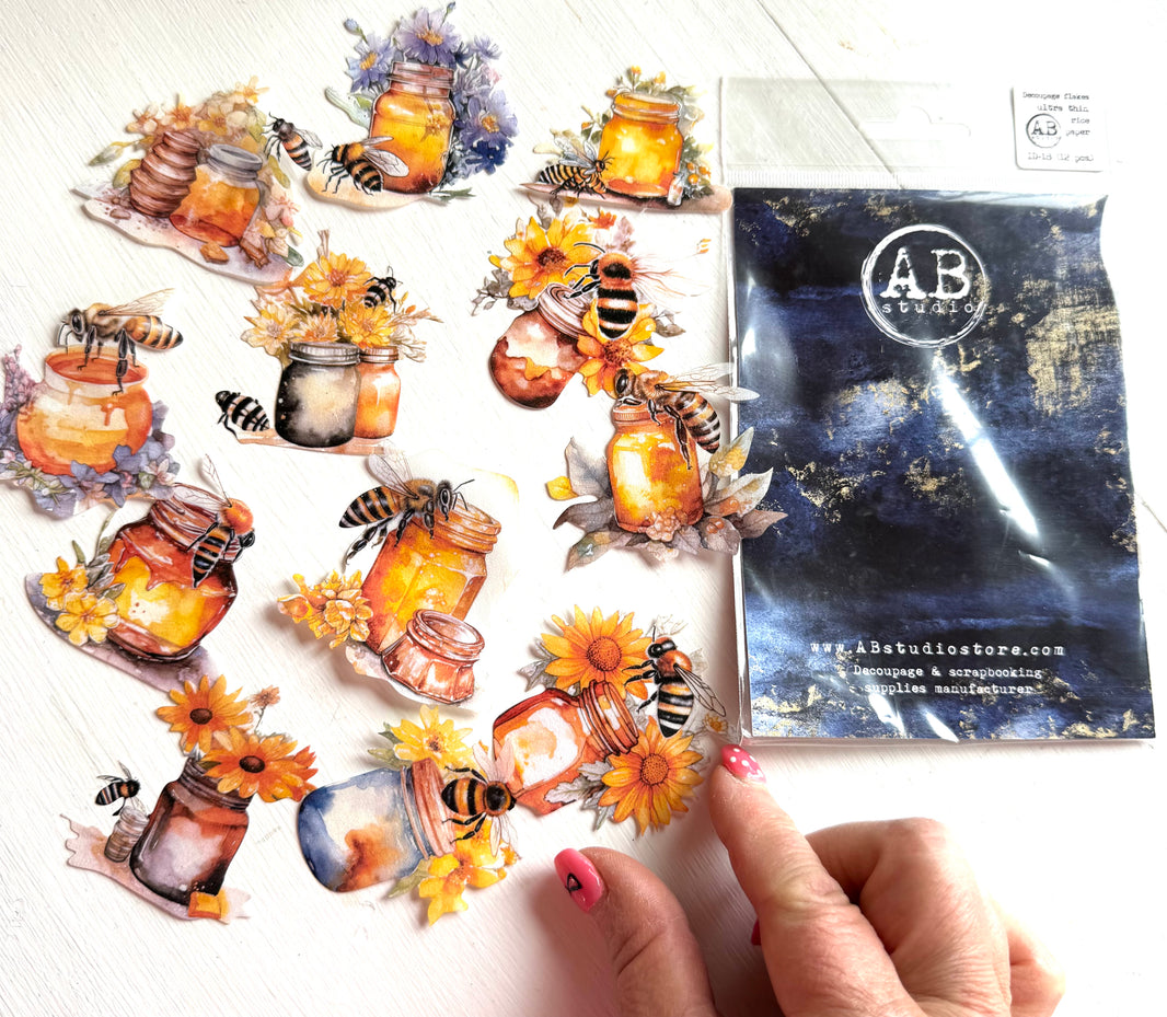 Decoupage Flakes set of 12 DIE CUT Bee Art pieces ID-18 ( see description