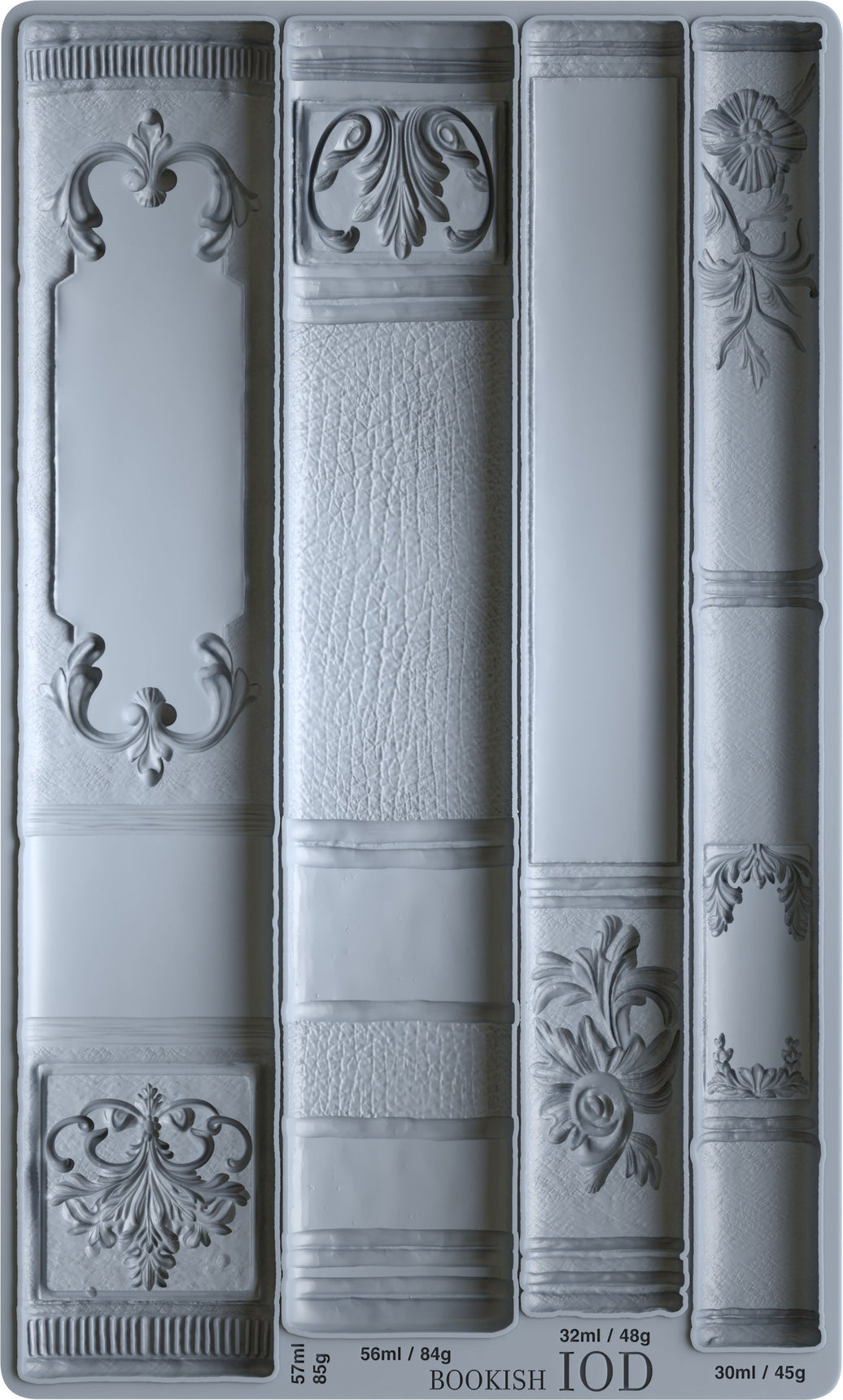Decorative mold with bookshelf design patterns on a gray background