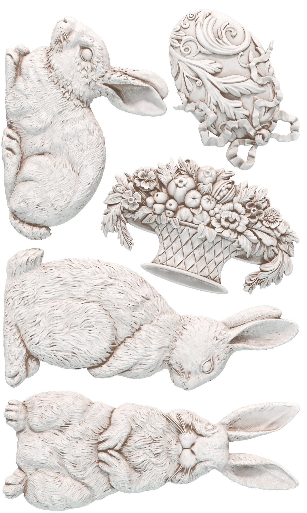 Set of decorative rabbits and squirrel figurines with intricate designs on a white background