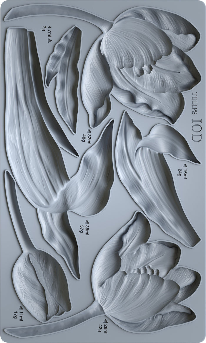 Mold with tulip designs and weight measurements on a gray background