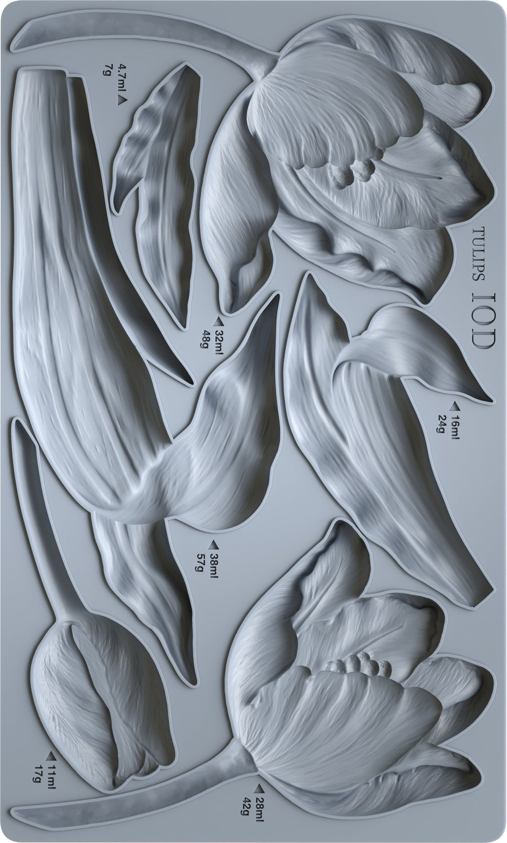 Mold with tulip designs and weight measurements on a gray background