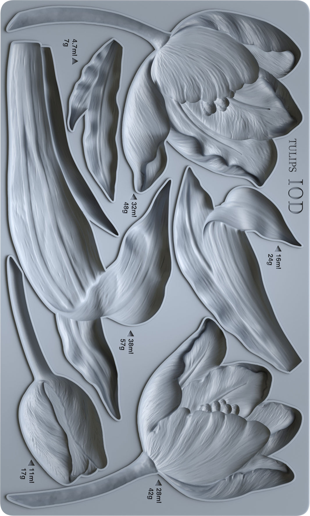 Mold with tulip designs and weight measurements on a gray background