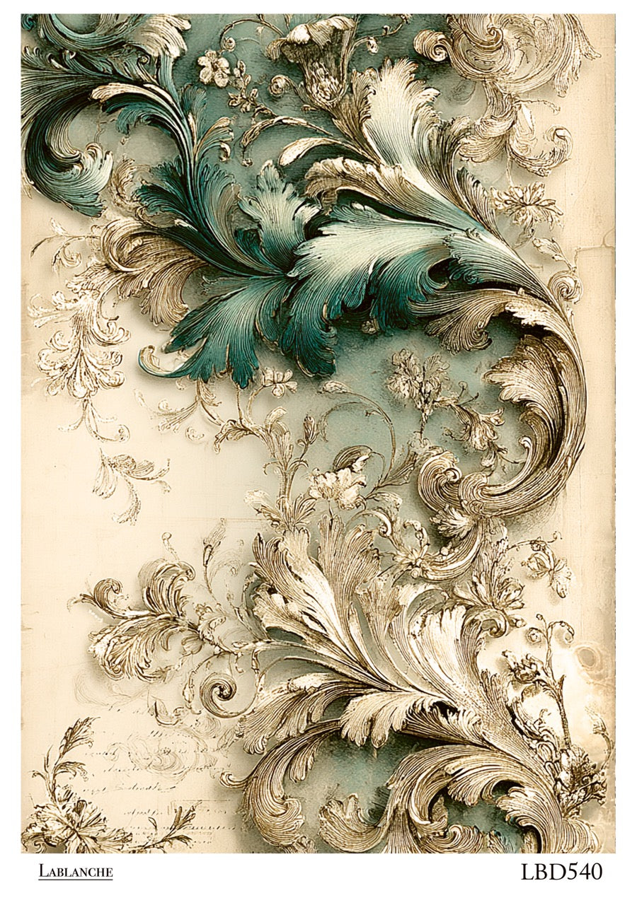 LaBlanche Teal Acanthus Scroll A4 rice paper