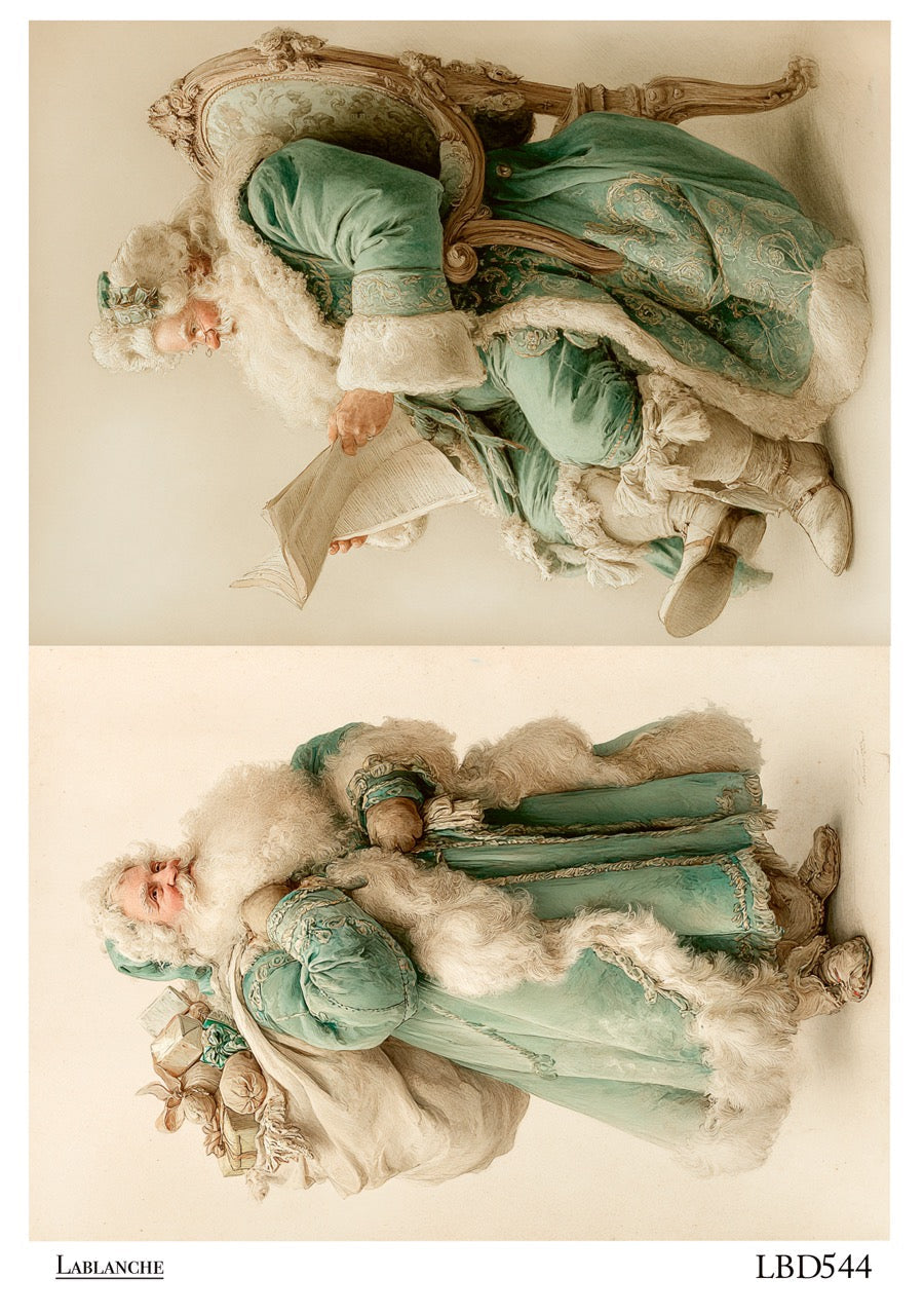 Two images of a vintage-style Santa Claus figure, one standing and one sitting, holding a bag and reading a letter.