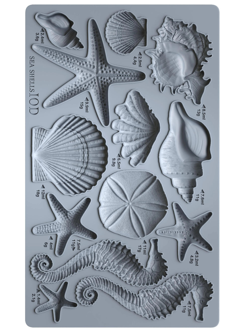 Silicone mold with sea shell and starfish shapes on a gray background
