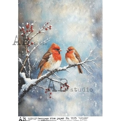 AB Studios Winter Robins on Snowy Branch A4 Rice Paper ABRP_7075, rice paper design by AB Studios, arts & entertainment > hobbies & creative arts > arts & crafts > art & crafting materials > art & craft paper > drawing & painting paper, for decoupage and crafting