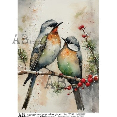 AB Studios Winter Birds on Branch A4 Rice Paper ABRP_7099, rice paper design by AB Studios, arts & entertainment > hobbies & creative arts > arts & crafts > art & crafting materials > art & craft paper > drawing & painting paper, for decoupage and crafting