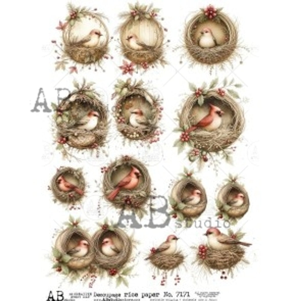 AB Studios Winter Robins in Nests A4 Rice Paper, rice paper design by AB Studios, arts & entertainment > hobbies & creative arts > arts & crafts > art & crafting materials > art & craft paper > drawing & painting paper, for decoupage and crafting