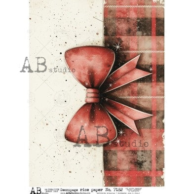 AB Studios Red Christmas Bow & Plaid A4 Rice Paper ABRP_7182, rice paper design by AB Studios, arts & entertainment > hobbies & creative arts > arts & crafts > art & crafting materials > art & craft paper > drawing & painting paper, for decoupage and crafting