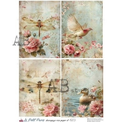 Vintage Bird, Dragonfly, and Duck Illustration Panel Decoupage Paper - A4