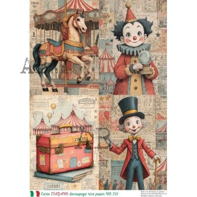 Vintage Circus Clown and Carousel Scene Panel Decoupage Paper - A4