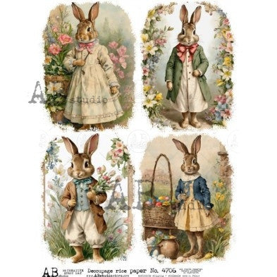 Vintage Dressed Bunny Illustration Panel Decoupage Paper - A4
