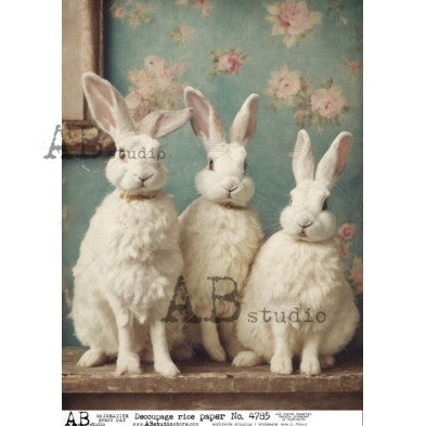 Vintage White Bunny Trio Illustration Decoupage Paper - A4