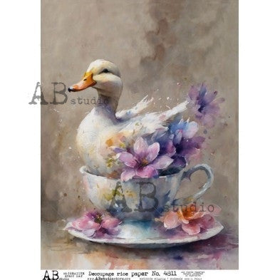 Whimsical Duck Teacup Illustration Decoupage Paper A4