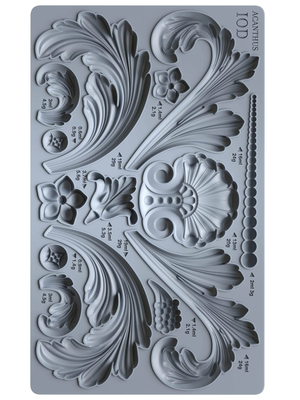 Decorative silicone mold with intricate designs and measurements on a gray background