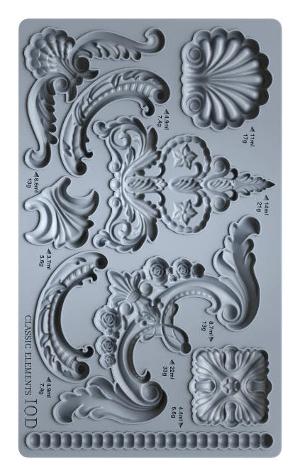 Decorative silicone mold with intricate designs and measurements on a gray background