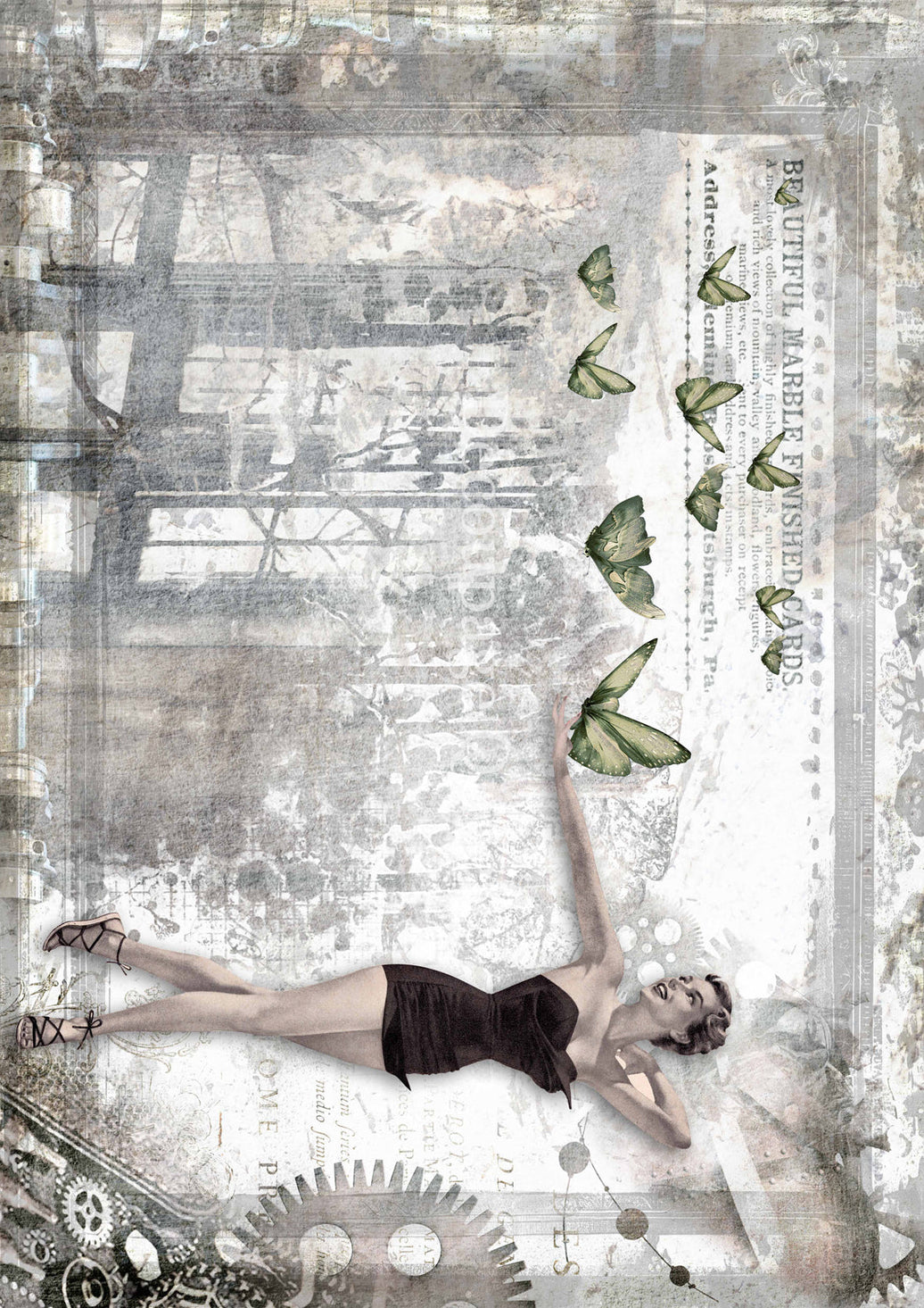 Woman in a black dress with butterflies against a steampunk-style background