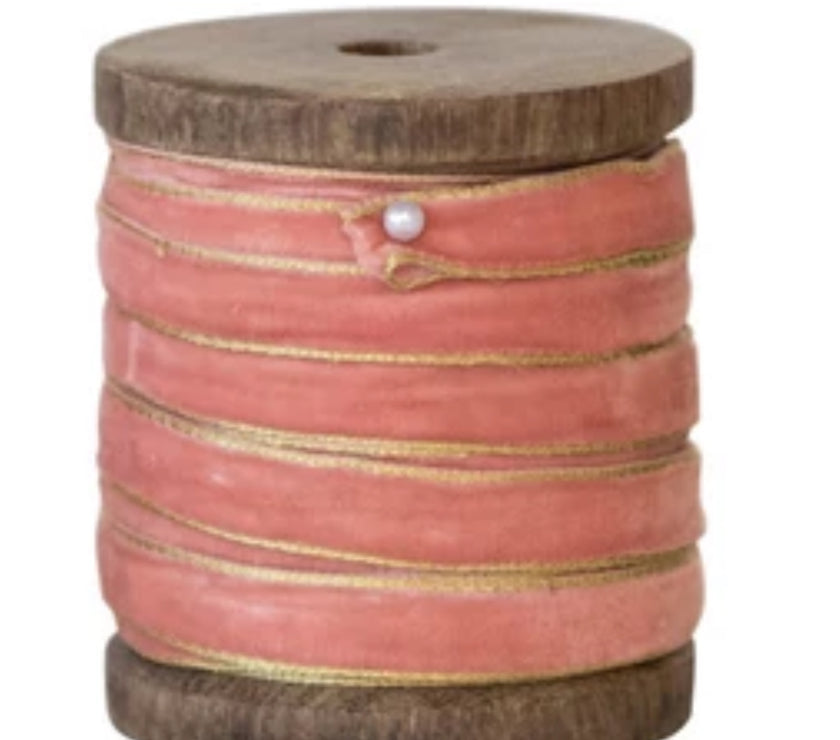 10 Yard Velvet Ribbon w/ Metallic Edges on Wood Spool