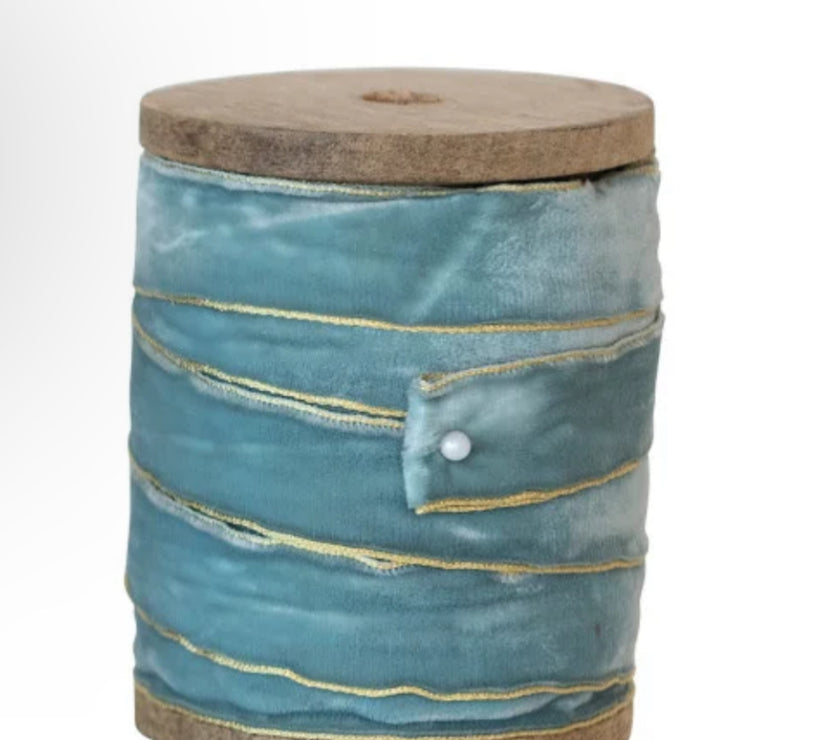 5 Yard Velvet Ribbon w/ Metallic Edges on Wood Spool, 6 Colors