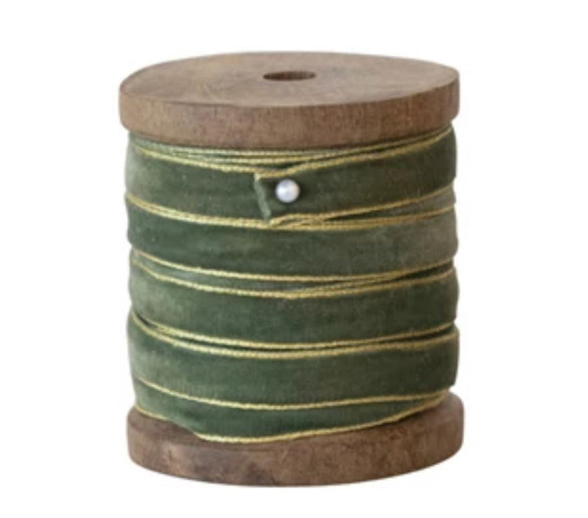 10 Yard Velvet Ribbon w/ Metallic Edges on Wood Spool