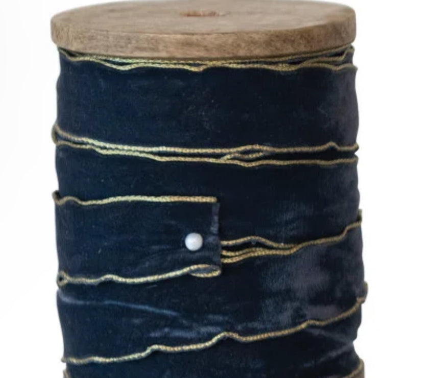 5 Yard Velvet Ribbon w/ Metallic Edges on Wood Spool, 6 Colors