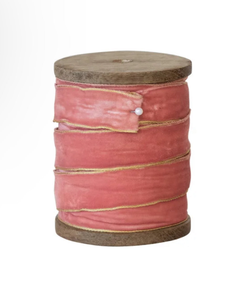 5 Yard Velvet Ribbon w/ Metallic Edges on Wood Spool, 6 Colors