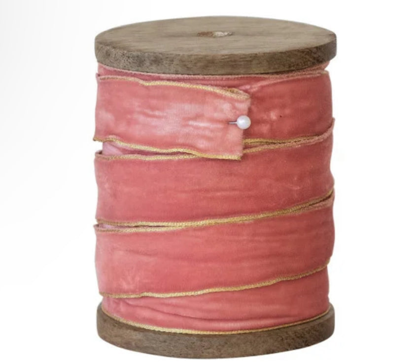5 Yard Velvet Ribbon w/ Metallic Edges on Wood Spool, 6 Colors