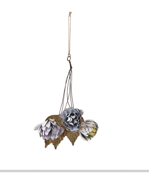 Painted Metal Leaf & Flower Bunch Ornament, Distressed Finish