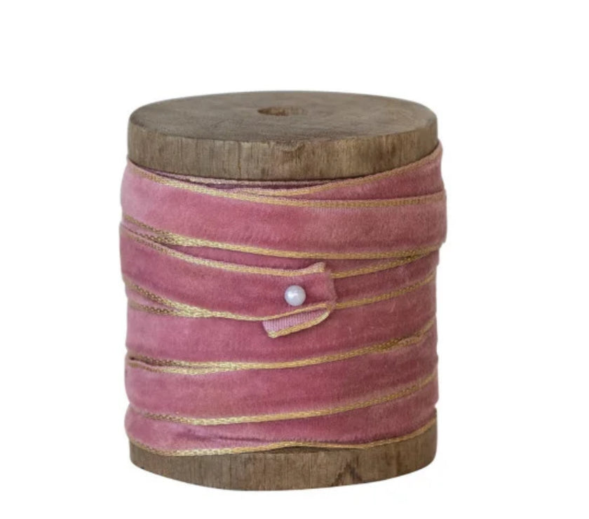 10 Yard Velvet Ribbon w/ Metallic Edges on Wood Spool