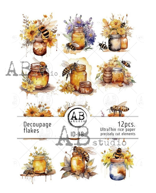 Decoupage Flakes set of 12 DIE CUT Bee Art pieces ID-18 ( see description
