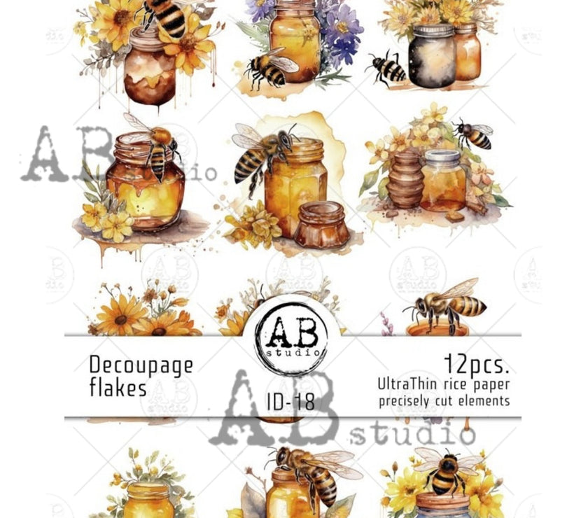 Decoupage Flakes set of 12 DIE CUT Bee Art pieces ID-18 ( see description