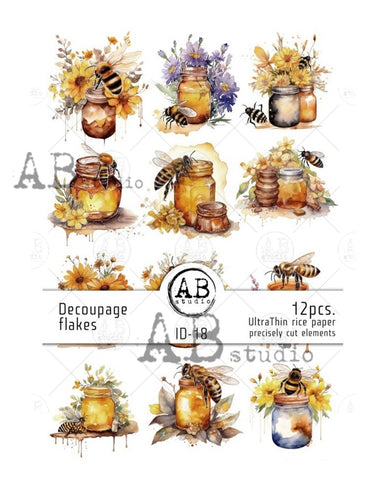 Decoupage Flakes set of 12 DIE CUT Bee Art pieces ID-18 ( see description)