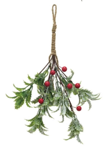 Hanging Faux Evergreen & Berry Bunch, Snow/Ice Finish, 5 Styles