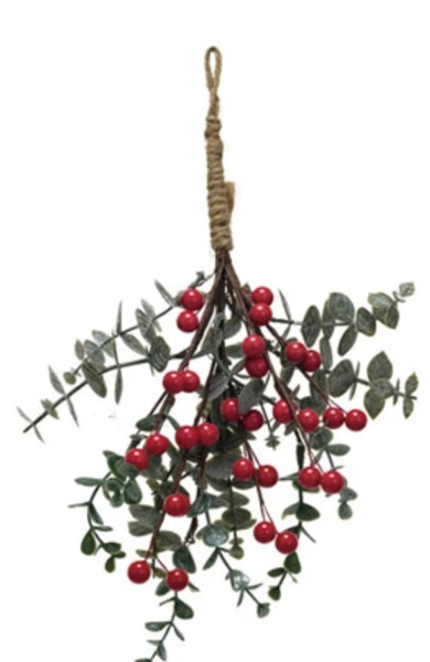 Hanging Faux Evergreen & Berry Bunch, Snow/Ice Finish, 5 Styles