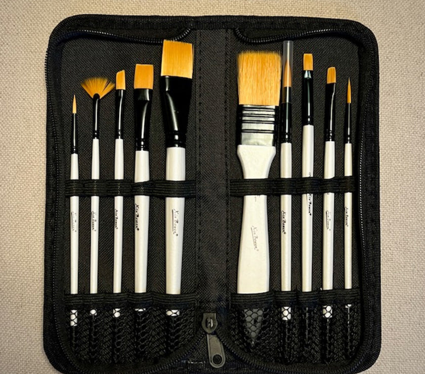 Xin Bowen 10 Brushes with Travel Case Acrylic Golden Taklon Brush Set
