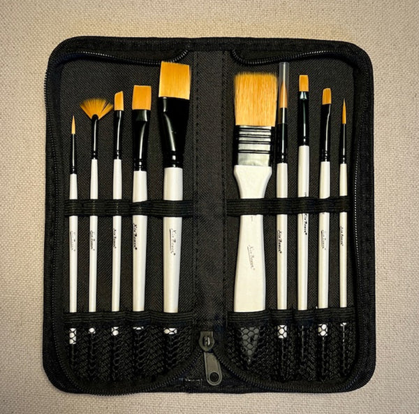 Xin Bowen 10 Brushes with Travel Case Acrylic Golden Taklon Brush Set