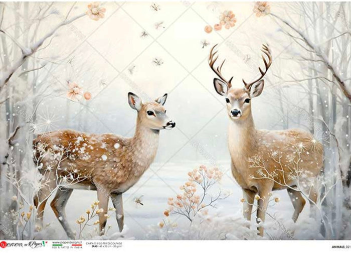 Mom and Baby Deer Winter Scene 0212, rice paper design by Paper Designs Italy, arts & entertainment > hobbies & creative arts > arts & crafts, for decoupage and crafting