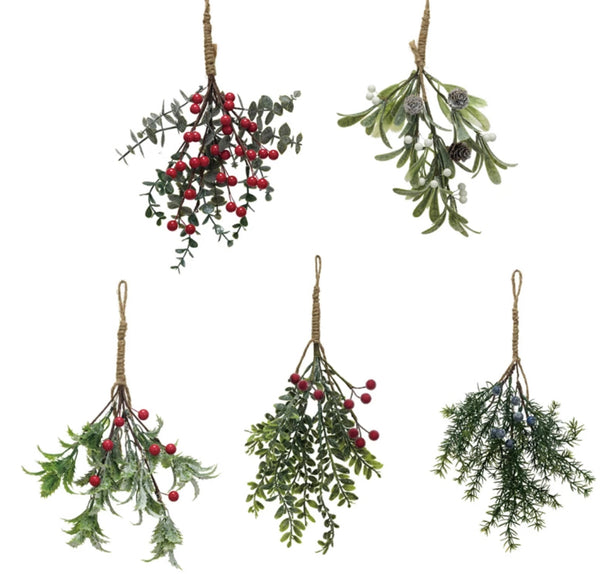 Hanging Faux Evergreen & Berry Bunch, Snow/Ice Finish, 5 Styles