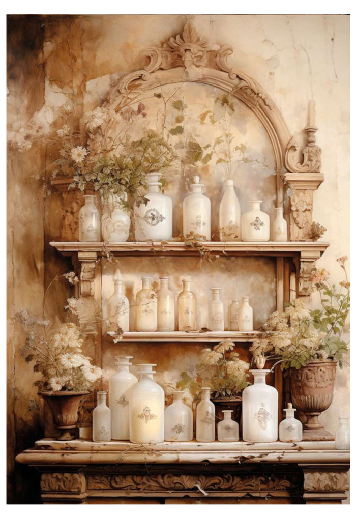 Nostalgia 6 Bottles on Shelves, rice paper design by LaBlanche, nan, for decoupage and crafting