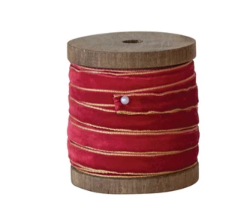 10 Yard Velvet Ribbon w/ Metallic Edges on Wood Spool