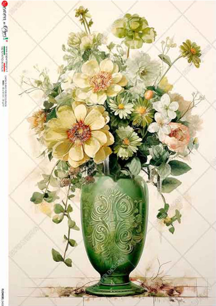 Yellow and White Flowers in Green Vase 0426