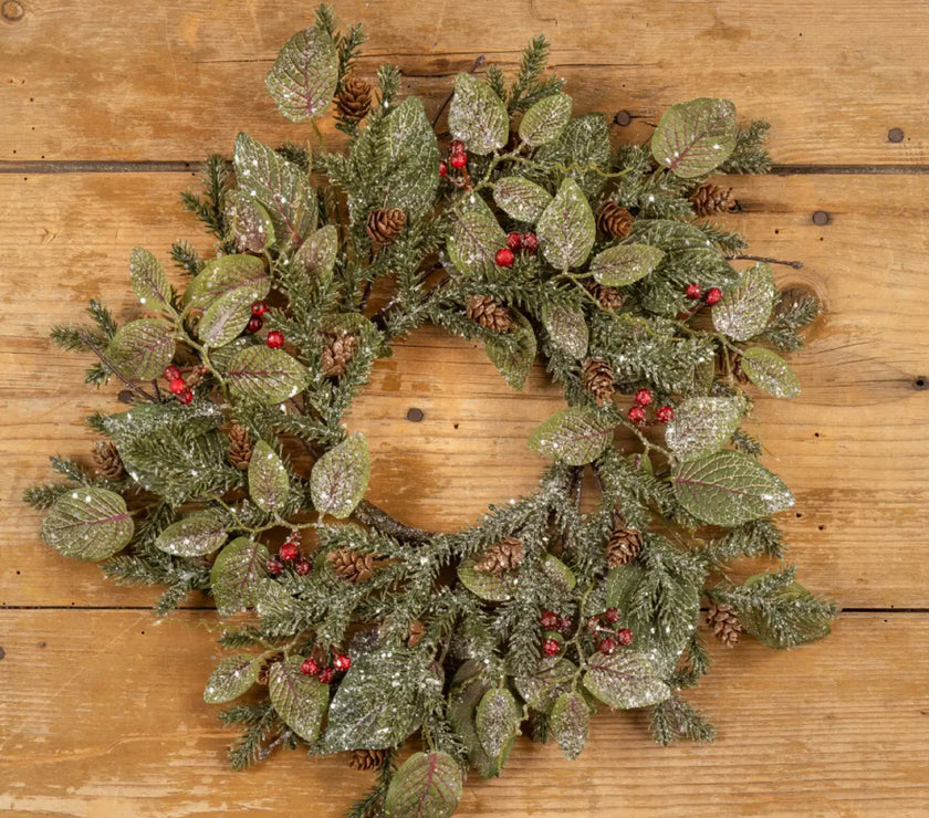 18" Snowy Fittonia, Pine & Berry Candle Ring
